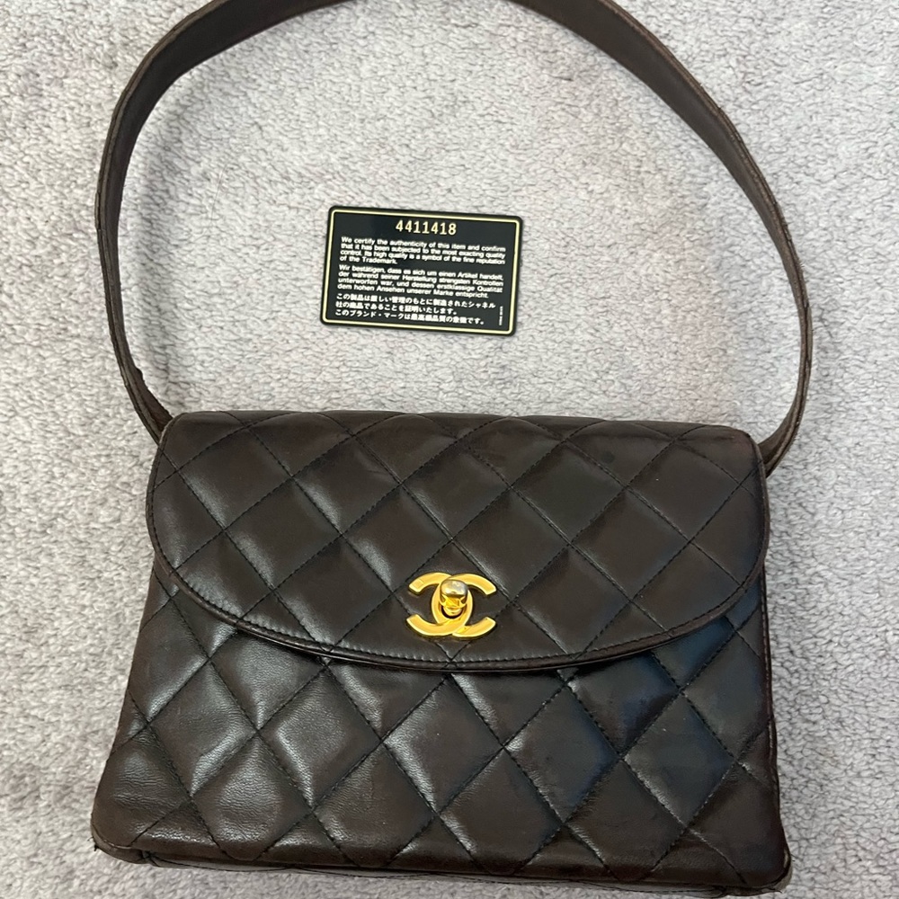 Auth CHANEL Single Flap Lambskin Shoulder Bag- Dark Brown